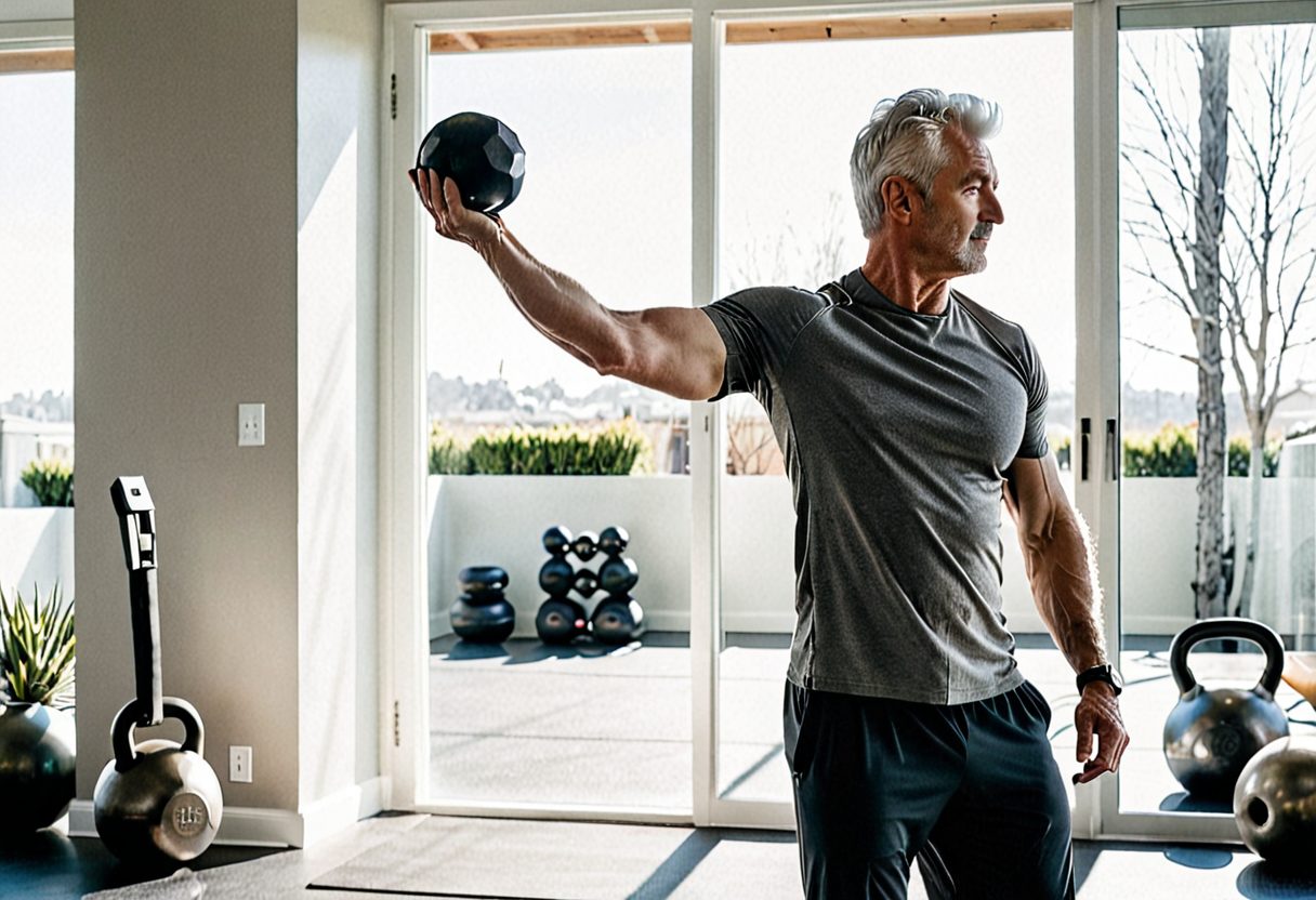 Active mature man training in a bright modern home gym